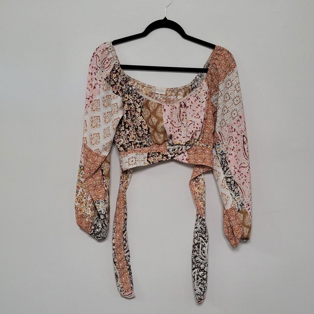 Altar’d State Women Medium Patchwork Crop Top Pink Brown Boho Cottagecore Fairy